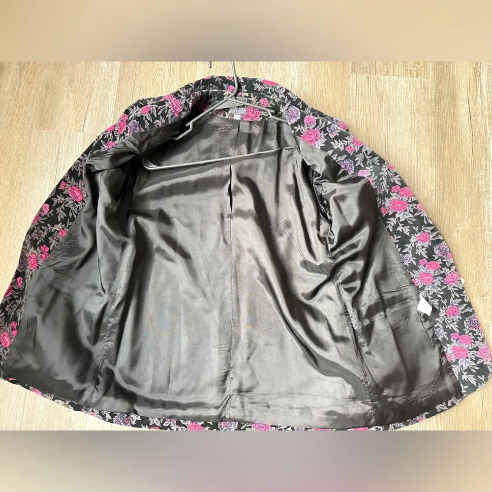 VTG Mark Alan Blazer Jacket Black Gray Pink Floral Size 8 M Lined Pockets Cotton - Picture 7 of 8